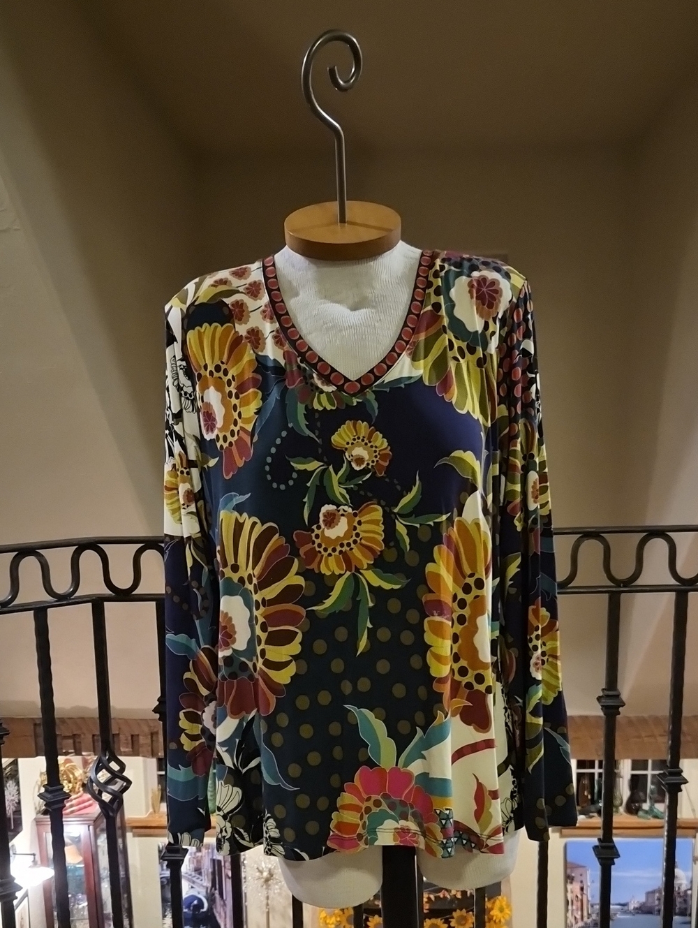 Johnny Was V-Neck Long Sleeve Floral Print Top - Navy Multi